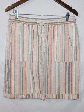 Papaya Pink Gray beige Striped Linen Blend Pull-On Skirt Drawstring Womens 12